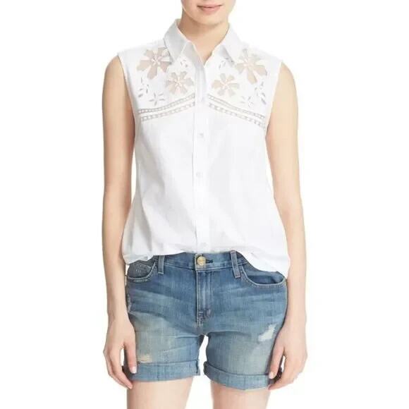 Equipment 'Reese' Sleeveless Illusion Lace Cotton Shirt White Size Large - Picture 1 of 7
